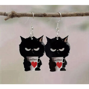 Black cat holding a coffee dangle earrings
